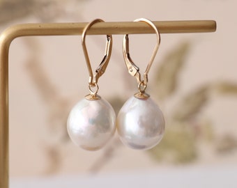 Pearl earrings, white Edison pearl earrings, 14K gold filled leverback earrings.