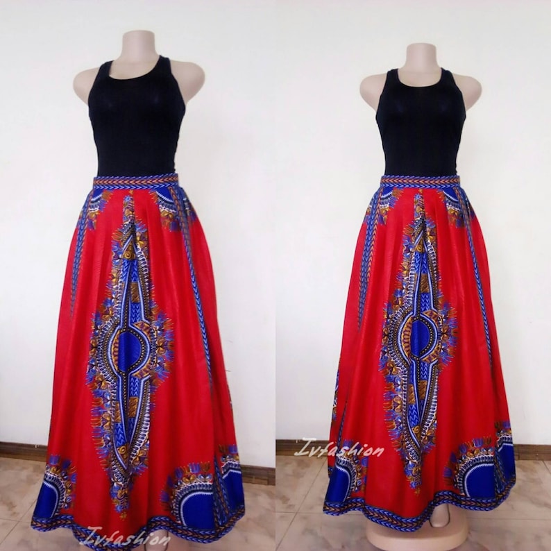 African Dashiki Print Maxi Skirt - Elastic Waist Tribal Skirt One Size