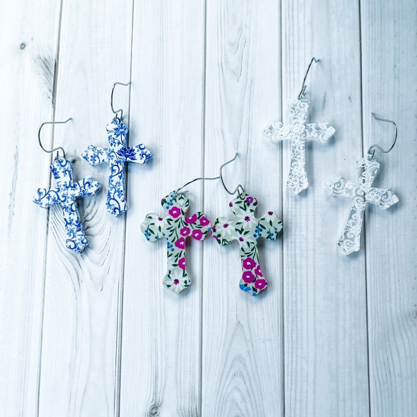 Acrylic cross earrings, Spring accessories, White lace earrings, Gift under 20, Floral cross earrings, Easter cross earrings, Lightweight