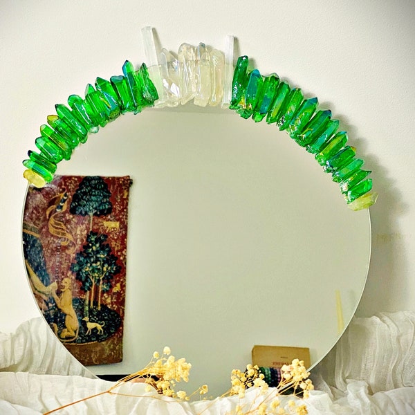Miroir Lune en Cristal de Roche Aura et Sélénite pour décoration Bohème et Lithothérapie