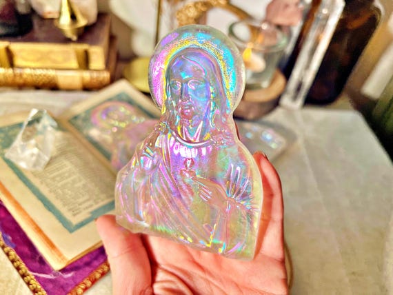 Christ au Sacré-Cœur en Cristal de Roche Aura - Obsidienne