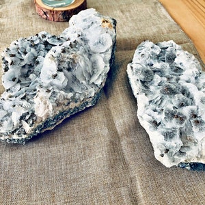 May include: Two pieces of white selenite crystal clusters with a gray, rough, natural base. The crystals are clustered together in a natural formation.
