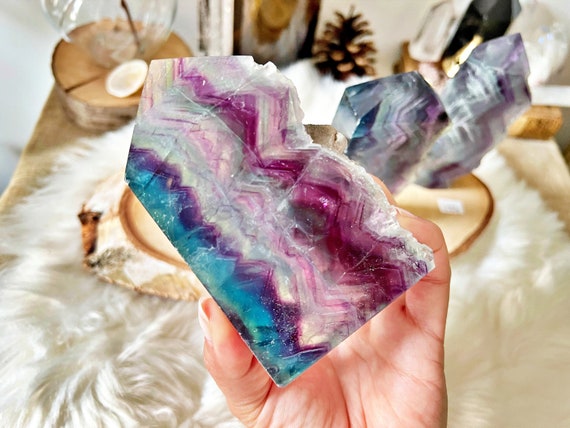 Tranches de Fluorite Multicolore Translucide - Mi Brutes & Mi Taillées, Unique Crystal Decor