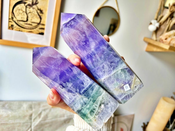 Pointes de Fluorites Naturelles du Brésil - Lumière Mauve & Verte, Pierre Précieuse, Décoration de Maison, Bien-être