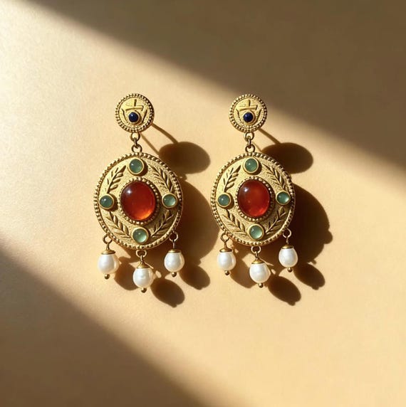 Theodora Earrings - Byzantine Style, 18k Gold, Lapis Lazuli, Carnelian, Aventurine, Genuine Water Pearls