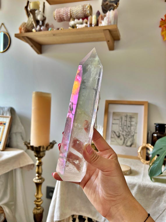 Grande Pointe de Cristal de Roche renforcé Aura - 20 cm - Décoration de collection
