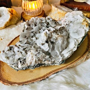 May include: A large, white, and gray crystal cluster with a rough, natural texture. The cluster is covered in small, gold-colored pyrite crystals. The cluster is sitting on a wooden slice.