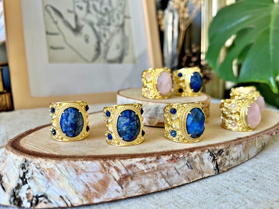 Bague baroque dorée réglable – Sodalite ou Quartz rose – Acier inoxydable – Pierre naturelle – Cadeau femme – Fête des mères