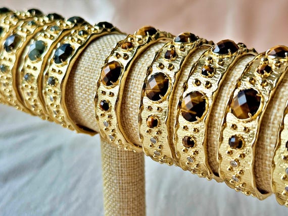 Manchette œil de tigre ou labradorite – plaqué or – bracelet ajustable pierre naturelle