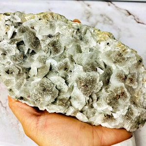 May include: A large, white, and gray crystal cluster with small, dark brown inclusions. The crystal is rough and has a natural, unpolished look.