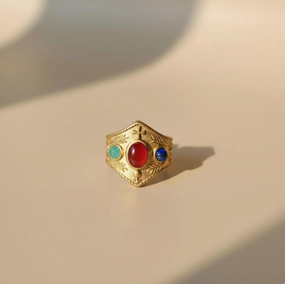 Byzantine Ring "Theodora" - 18K Gold Plated Stainless Steel - Lapis Lazuli, Carnelian, Aventurine