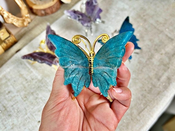 Papillons en Pierre Naturelle - Améthyste Chevron et Apatite Bleue
