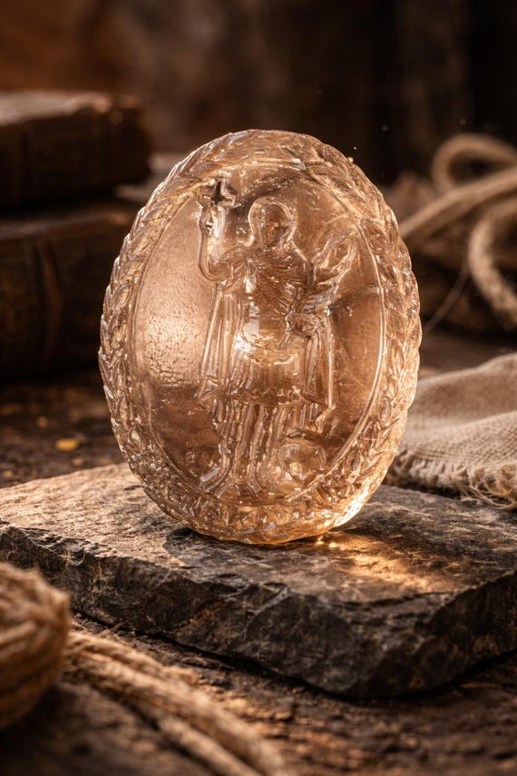 Précommande: Saint Expédit en quartz fumé Aura – sculpture 6cm – pièce inspirée médaille