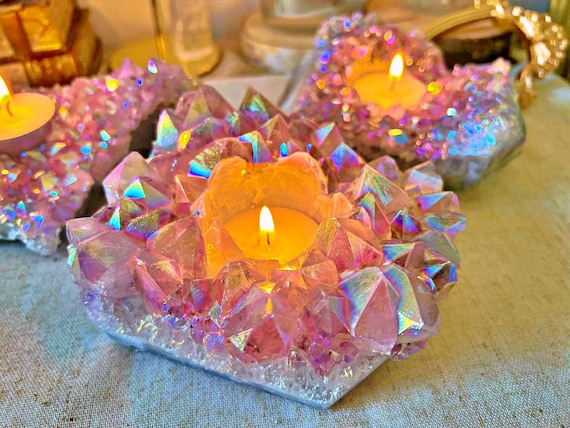 Bougeoir en géode d’améthyste naturelle – Cristaux de qualité, finition aura irisée