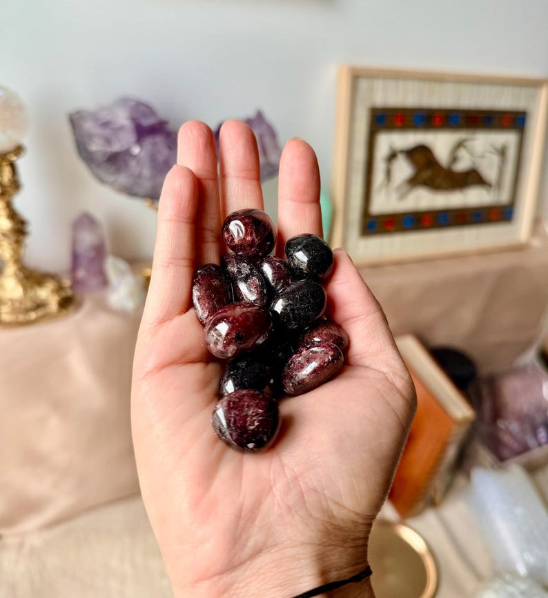 May include: A handful of polished, dark red and black gemstones. The stones are smooth and reflective, with variations in color and translucency. The gemstones are held in an open hand, with a blurred background of other decorative items.