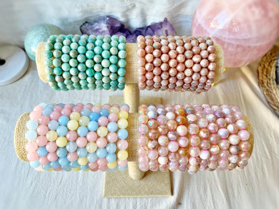 Bracelet en pierres naturelles uniques – Amazonite - Pierre de Lune Orange - Agate Fleur de Cerisier- Renforcées Aura