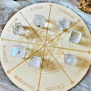 May include: A wooden circular board with a geometric pattern and the words "Action", "Solution", "Resultat", "&Eacute;viter", "Causes", "Provoque", "Chance", "&Eacute;nergie" printed around the edge. There are eight clear quartz crystals with different symbols on each, placed on the board.