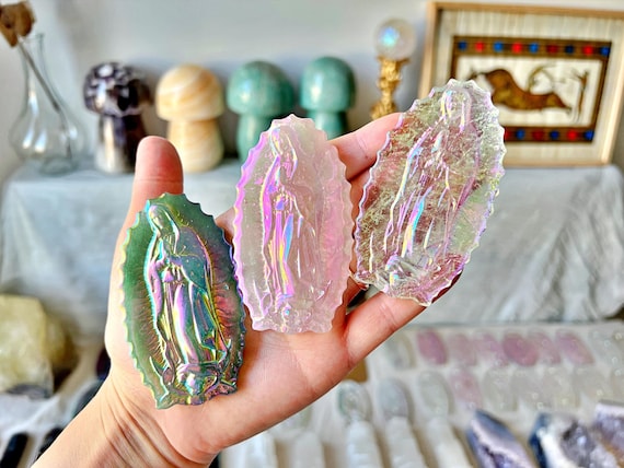 Vierge Marie en Cristal - Notre Dame de Guadalupe - Quartz Rose Aura - Aventurine Aura, Cristal de roche Aura