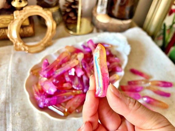 Pointes de Cristal de Roche Double Aura (Rose & Orange)