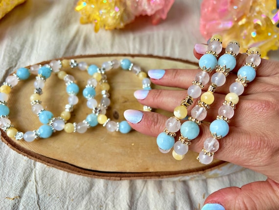 Bracelet Charms en Pierres Naturelles – Aigue-marine, Calcite Orange & Quartz Rose