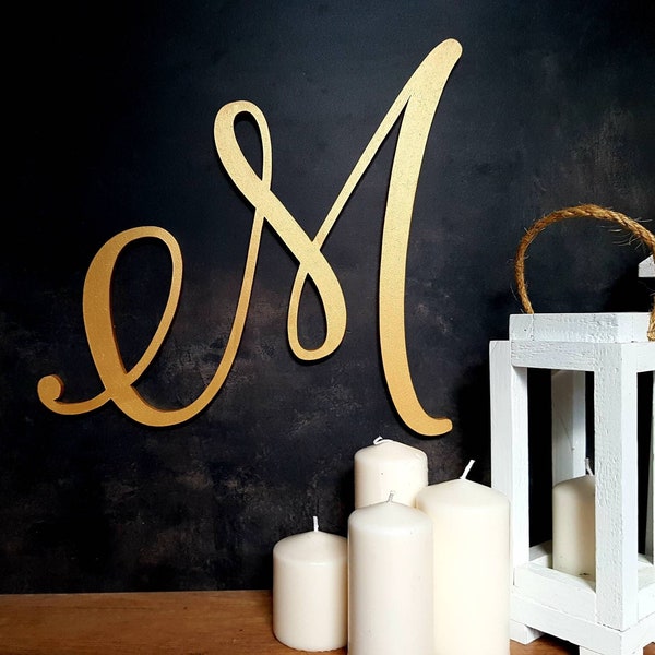 extra large wood letter, initial wall hanging, wedding backdrop letter sign decorative gold monogram M wooden wall decor calligraphy initial