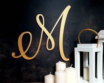 extra large wood letter, initial wall hanging, wedding backdrop letter sign decorative gold monogram M wooden wall decor calligraphy initial