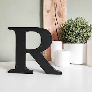 freestanding letters painted black, custom wood 3d block letters, decorative initials desk decor, large wooden stand alone  accent letter R