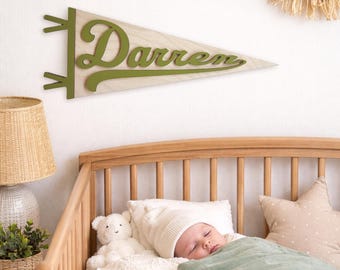 Custom Wooden Name Pennant - Personalized Nursery Wall Decor - Baby Announcement Flag