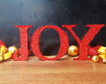 Lettres en bois JOIE autoportantes pour manteau de cheminée de Noël, décoration de pièce maîtresse des vacances avec signe de joie en bloc de bois,