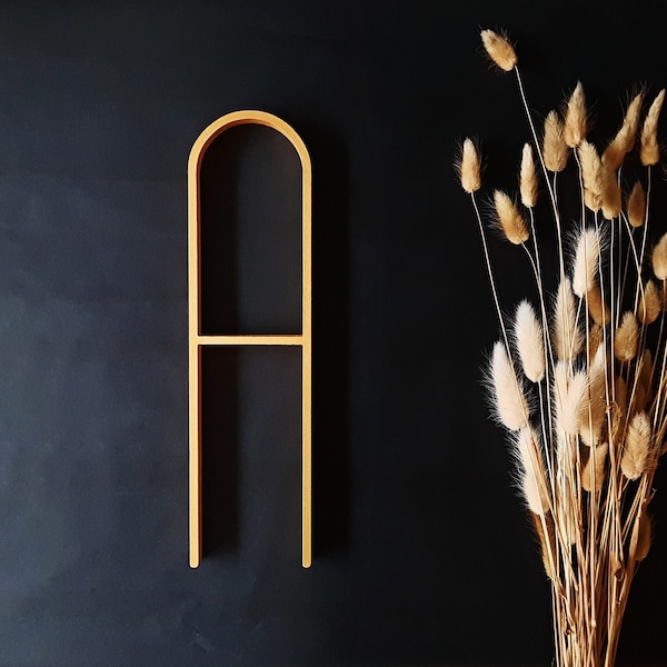 Grandes lettres en bois pour le mur, décoration japonaise ou moderne du milieu du siècle, lettres en bois murales initiales suspendues monogramme doré personnalisé A