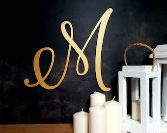 large wood letter, initial wall hanging, wedding backrop custom letter sign decorative gold monogram M wooden wall decor calligraphy initial