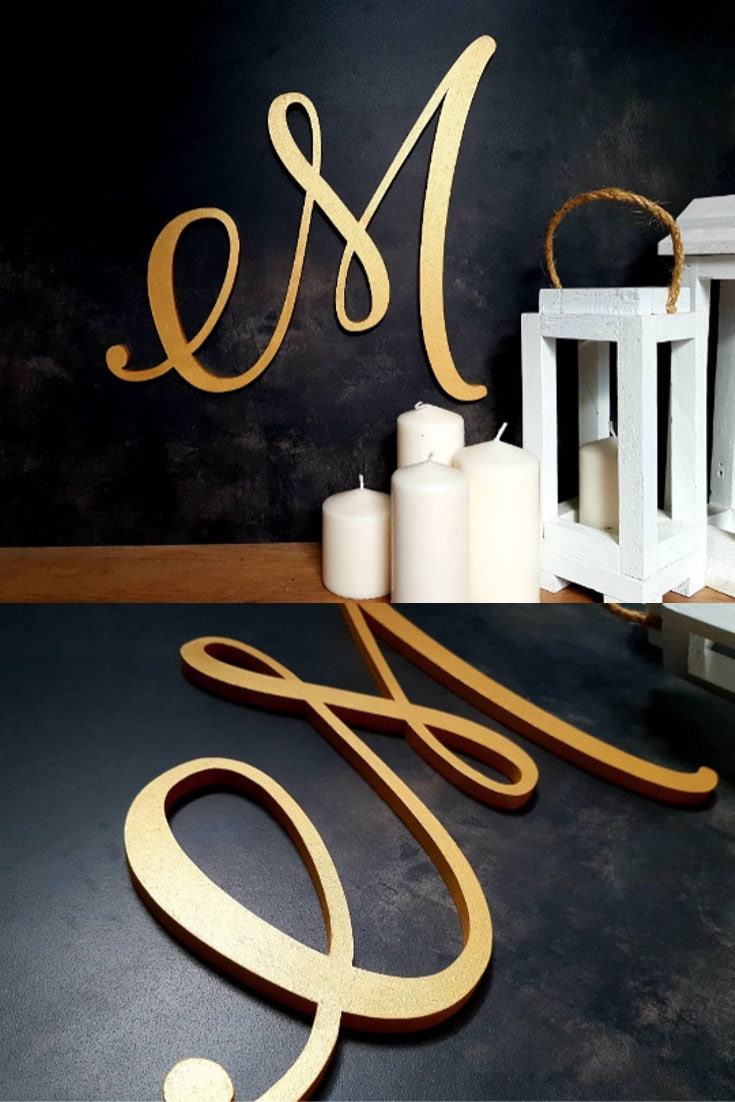 large wood letter, initial wall hanging, wedding backrop custom letter sign decorative gold monogram M wooden wall decor calligraphy initial