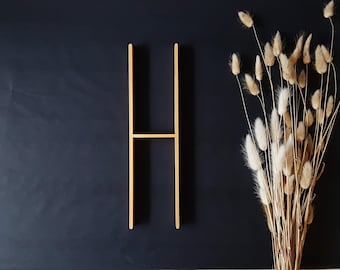 Könnte beinhalten: Ein goldfarbener Metallbuchstabe H mit einem klaren, linearen Design. Der Buchstabe ist vertikal auf einer dunklen Oberfläche neben einem Bündel getrockneter, flauschiger, hellbeiger Hasenschwanzgras-Halme mit dünnen Stielen platziert.