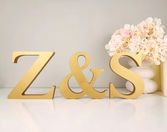Set of 3 free standing wooden letters for wedding table decor, couple ornament sweetheart table decor, wedding centerpiece gold wood letter
