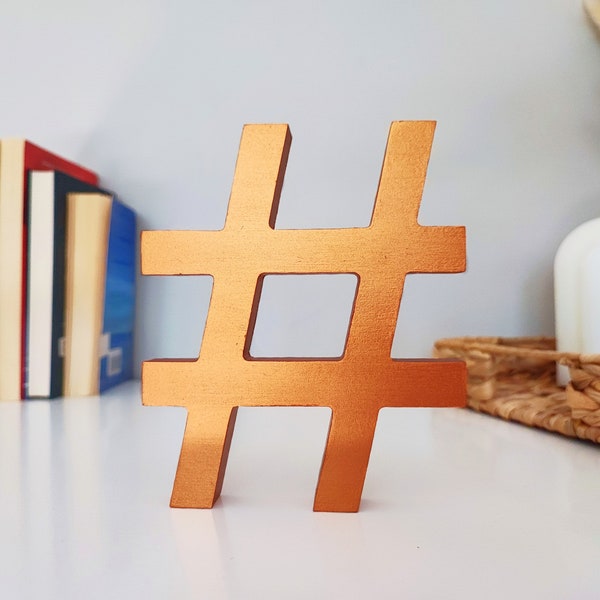 custom freestanding hashtag sign - wooden 3d symbol for shelf, desk decor, bookshelf, dorm room & teen room decor