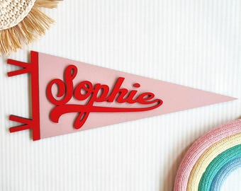Personalized Wooden Kids Name Flag - Custom Wood Pennant Sign, Retro Girls Room Door Plaque