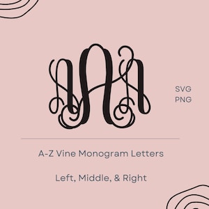 May include: A black and white monogram letter "M" with a vine design. The letter is in a cursive font and has a decorative flourish. The text below the letter reads "A-Z Vine Monogram Letters Left, Middle, & Right".