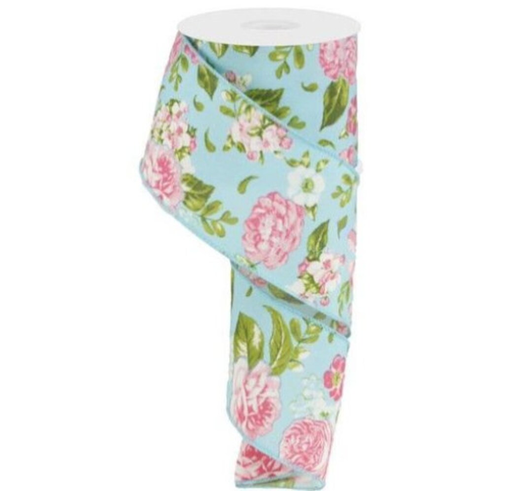 2.5 Blue Floral Ribbon Ribbon Spring Ribbon Designer Ribbon Shabby Chic ...