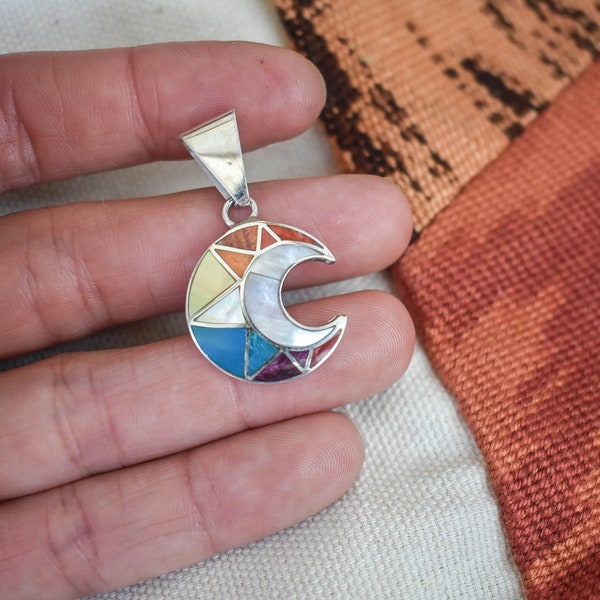 Handmade Sterling Silver Inca Moon Sun Pendant | Natural stone and shells