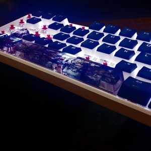 May include: A white mechanical keyboard with blue keycaps and a custom resin keycap. The keyboard has a white frame and a blue and white resin keycap.
