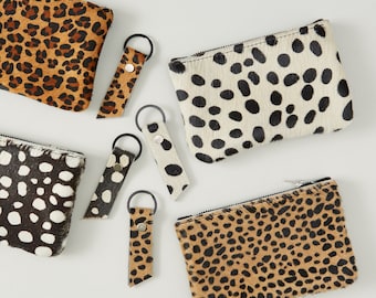 Leopard Print Purse & Leather Keyring Set, Coin Purse, Small Leather Purse, Cheetah Print Purse, Gift for Her, Hair on Hide Leather