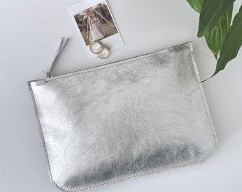 Silver Leather Clutch bag, Maid of Honour Gift or Bridal Clutch Bag