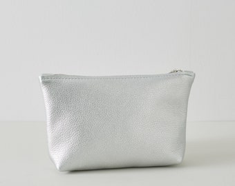 Silver Leather Pouch | Cosmetic Pouch | Gift for Her | Leather Pouch | Mother's Day Gift | Mother's Day Present Idea | Silver Toiletry Bag