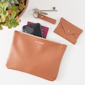 Tan Italian Leather Clutch Bag: Handmade Small Purse with Wrist Strap