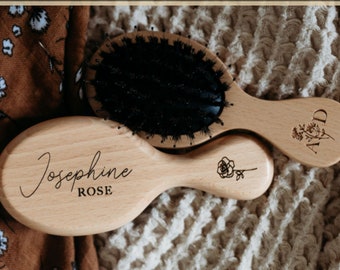 Engraved Wood Personalized Hairbrush | Montessori Brush | Doll Brush | Baby’s First Brush | Newborn Gift | Birth Flower Brush