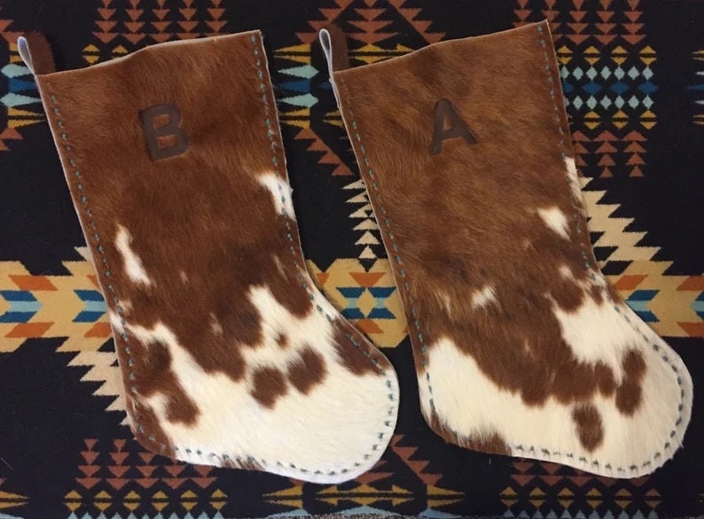 Cowhide Christmas Stockings With Brand Etsy