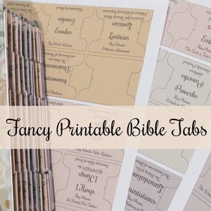 Op de afbeelding: Fancy Printable Bijbel Tabs in diverse kleuren. De afbeelding toont een stapel tabs en losse vellen met Bijbelboeknamen zoals Exodus, Leviticus en Spreuken. De tabs zijn ontworpen voor een gemakkelijke Bijbelorganisatie.