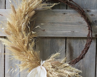 WHEAT 'n Mixed Foliage RuStY BOHO style Wreath Barbwire EVERLASTING All Natural Dried Flower Floral