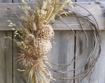 WHEAT 'n Mixed Foliage BOHO Style Wreath EVERLASTING All Natural Dried Flower Floral