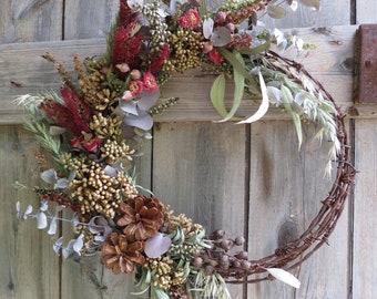 All NATURAL Aussie Dried WREATH Rusty Barbed Wire | Dried Preserved Eucalyptus Buds Flower Dry Floral Wreath | Large Everlasting Dry Wreath